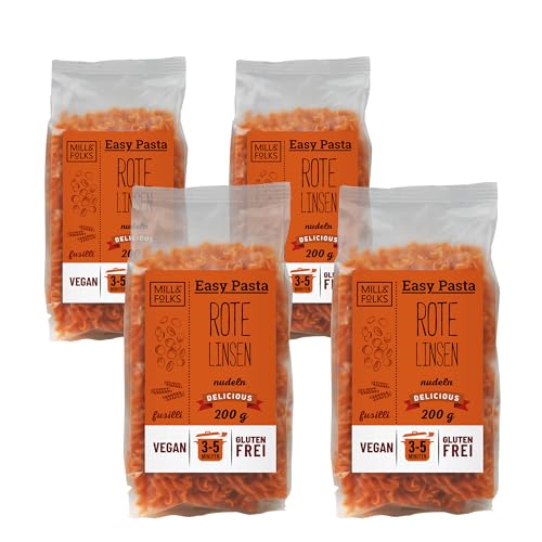 Mill & Folks Easy Pasta Rote Linsen Fusilli 4x200g | Vegan & Glutenfrei von Mill & Folks