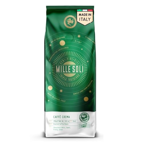 MilleSoli Caffè Crema - Kaffeebohnen geröstet in Sizilien - Traditionelles Langzeitröstverfahren mit perfekter Crema 250g Beutel, besonders säurearm für Vollautomat und Siebträger von MilleSoli