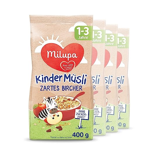 Milupa Kindermüsli Zartes Bircher – Getreide Frühstück Müsli von 1 bis 3 Jahre, Ohne Zuckerzusatz, Babynahrung, 4 x 400g von Milupa