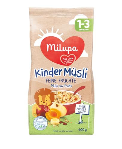 Milupa Kindermüsli Feine Früchte – Getreide Frühstück Müsli von 1 bis 3 Jahre, Ohne Zuckerzusatz, Babynahrung, 4 x 400g von Milupa