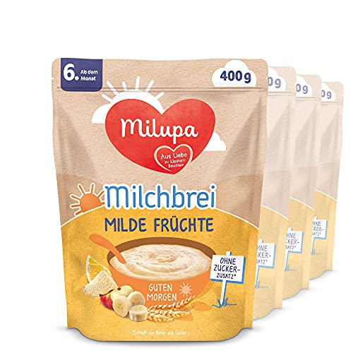 Milupa Milchbrei Gute Morgen – "Milde Früchte" Babybrei ab dem 6. Monat, Ohne Zuckerzusatz, Babynahrung, Beikost, 4er Pack, 4 x 400 g von Milupa
