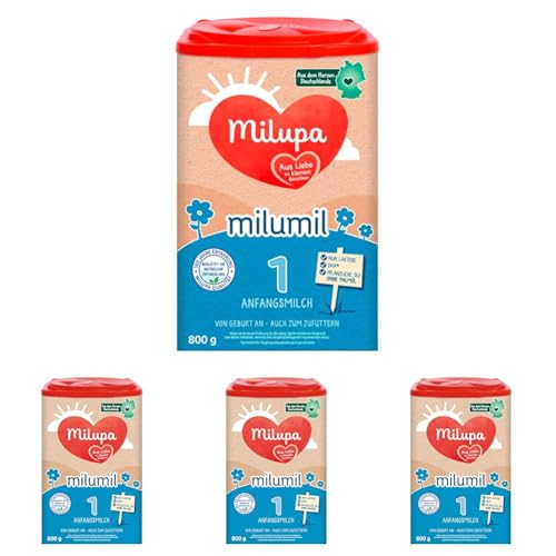 Milupa Milumil 1 – Anfangsmilch – Baby-Milchpulver – Von Geburt an – Auch zum Zufüttern – Mit wichtigen Nährstoffen und ohne Palmöl – 1 x 800 g (Packung mit 4) von Milupa