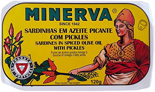 Minerva Portugiesische Sardinen in gewürztem Olivenöl, mit Pickles 120 g - reich an Omega-3 | Portugal von Minerva