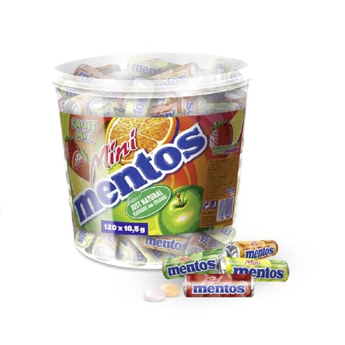 Mentos Mini Fruit Mix Bucket, Eimer mit 120 Mini-Rollen à 5 Frucht-Dragees, Kaubonbons in den Sorten Orange, Erdbeere, Apfel & Zitrone, vegan von MENTOS