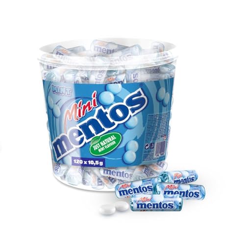 Mentos Mini Mint Classic Bucket, Eimer enthält 120 Mini-Rollen à 5 Minz-Dragees, Kaubonbons mit Pfefferminz-Geschmack, Aufbewahrungs-Box, vegan von MENTOS
