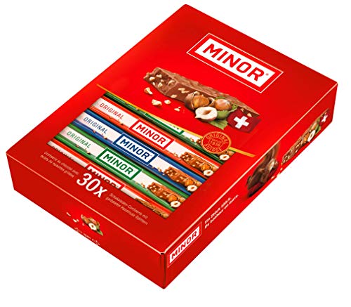 Schweizer Schokolade | MINOR Original Stengel | 30 Schokoladenriegel á 22g im Thekendisplay | 660g Großpackung | Nougat/Gianduja | Maestrani Milchschokolade | Glutenfrei | Ohne Palmfett von Minor