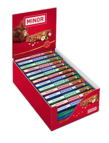 Schweizer Schokolade | MINOR Classic Stengel | 70 Schokoladenriegel á 22g im Thekendisplay | 1,54kg Großpackung | Nougat / Gianduja | Maestrani Milchschokolade | Glutenfrei | Ohne Palmfett von Minor