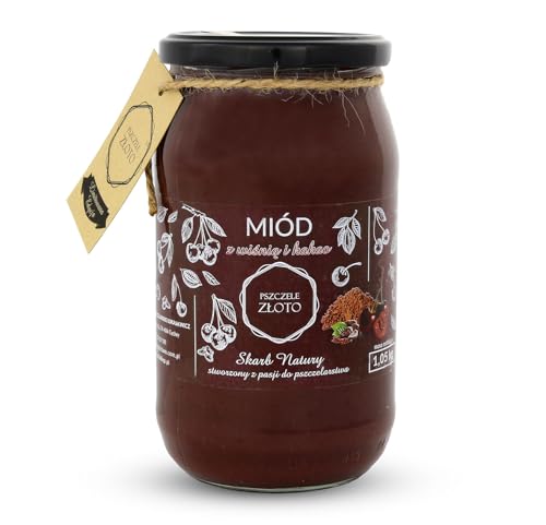 Honig mit Kirsche und Kakao 1050 g - 1 kg - Großes Glas - Bienenhonig - Europäischer Naturhonig - Hergestellt in der EU - Zum Süßen - Zuckerersatz - Für Backwaren von Miody Świata