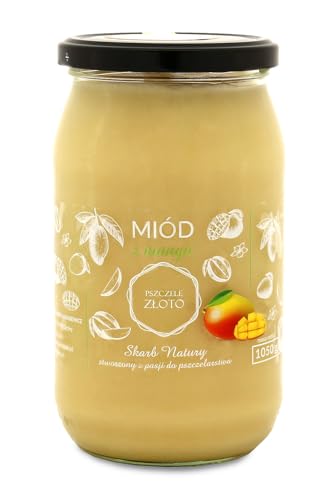 Honig mit Mango 1050 g – 1 kg - Großes Glas - Bienenhonig - Europäischer Naturhonig - Hergestellt in der EU - Zum Süßen - Zuckerersatz - Für Backwaren von Miody Świata