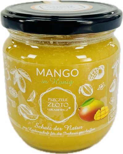 Honig mit Mango 500 g – 0.5 kg - Großes Glas - Bienenhonig - Europäischer Naturhonig - Hergestellt in der EU - Zum Süßen - Zuckerersatz - Für Backwaren von Miody Świata