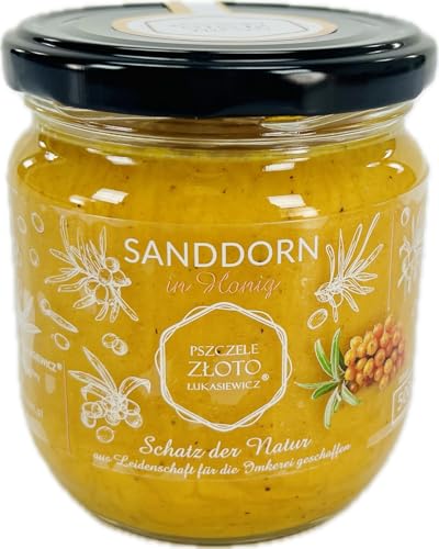 Honig mit Sanddorn 500 g - 0.5 kg - Großes Glas - Bienenhonig - Europäischer Naturhonig - Hergestellt in der EU - Zum Süßen - Zuckerersatz - Für Backwaren von Miody Świata