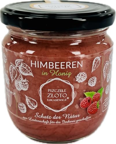 IMKERSHOP Honig mit Himbeeren 500 g - 0,5kg - Großes Glas - Bienenhonig - Europäischer Naturhonig - In der EU hergestellt - Zum Süßen - Zuckerersatz - Für Backwaren von Miody Świata