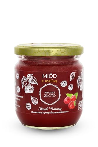 IMKERSHOP Honig mit Himbeeren 500 g - 0,5kg - Großes Glas - Bienenhonig - Europäischer Naturhonig - In der EU hergestellt - Zum Süßen - Zuckerersatz - Für Backwaren von Miody Świata