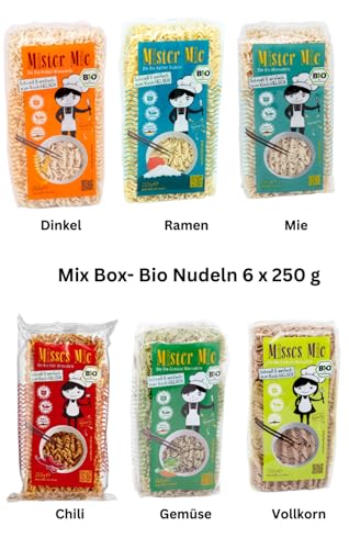 Bio Nudel Box Mix mit 6 verschiedenen Sorten: Dinkel-, Ramen-, Mie-, Chili-, Gemüse-, Vollkornnudeln 250g, hergestellt in DE von Misses Mie & Mister Mie