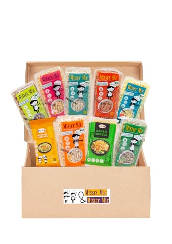 Mix Nudeln Box mit 9 verschiedenen Sorten: Dinkel-, Ramen-, Mie-, Chili-, Gemüse-,EIer-, Yakisoba-, Vollkornnudeln 250g und Ramen 500g hergestellt in DE von Misses Mie & Mister Mie