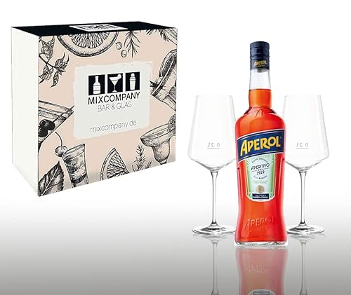 Aperol Geschenkset - Aperol Aperitivo Italiano 0,7L (11% Vol) + 2x Wein Gläser/Glas mit 0,2L Eichung- [Enthält Sulfite] von Mixcompany.de Bar & Glas