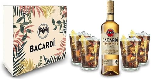 Bacardi Geschenkset - Bacardi Carta Oro Gold Rum 0,7l (40% Vol) + 4er Set Gläser - Longdrink Glas- [Enthält Sulfite] von Mixcompany.de Bar & Glas