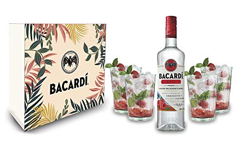 Bacardi Geschenkset - Bacardi Razz Rum Himbeergeschmack 0,7L (32% Vol) mit 4er Set Longdrinkglas von Mixcompany.de Bar & Glas