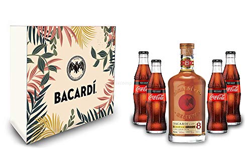 Bacardi Geschenkset - Bacardi Ron 8 Anos Gran Reserva 8 Jahre Rum 0,7l (40% Vol) + 4x Cola ZERO 0,2L Inkl. Pfand MEHRWEG- [Enthält Sulfite] von Mixcompany.de Bar & Glas