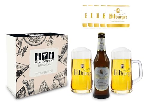 Bitburger Pils Set/Geschenkset - 1x Bitburger Premium Pils 500ml (4,8% Vol) + 2x Bitburger Humpen/Gläser + 10x Bitburger Bierdeckel - Inkl. Pfand MEHRWEG von Mixcompany.de Bar & Glas