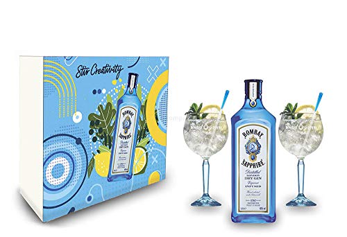 Bombay Sapphire Schuber Geschenkset - London Dry Gin 0,7l 700ml (40% Vol) + 2x Stirrer + 2er Set Ballon Glas von Mixcompany.de Bar & Glas