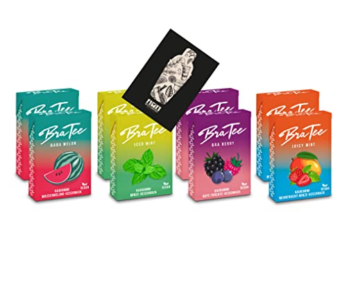 BraTee Kaugummi 8er tasting je 23,5g - 2 pro Sorte Juicy Mint + Bra Berry + Baba Melon + Iced Mint - Capital Bra Bubblegum - anders fresh von Mixcompany.de Bar & Glas