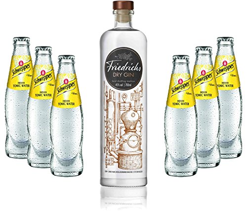 Gin Tonic Set - Friedrichs Dry Gin 0,7l 700ml (45% Vol) + 6x Schweppes Tonic Water 200ml inkl. Pfand MEHRWEG -[Enthält Sulfite] von Mixcompany.de Bar & Glas