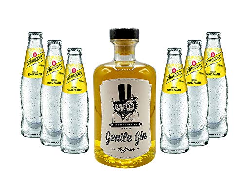 Gin Tonic Set - Gentle Gin Saffron 0,5l (40% Vol) + 6x Schweppes Indian Tonic Water 200ml inkl. Pfand MEHRWEG -[Enthält Sulfite] von Mixcompany.de Bar & Glas