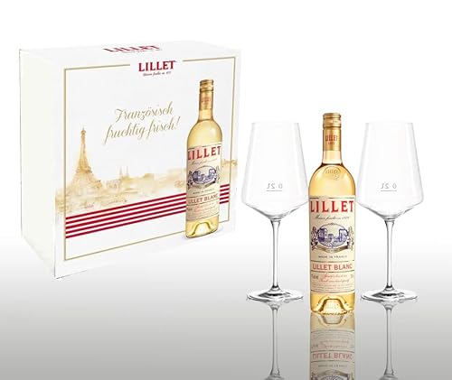 Lillet Schuber Geschenkset - Lillet Blanc Aperitiv de France 750ml (17% Vol) + 2 Wein Gläser mit 0,2L Eichung- [Enthält Sulfite] von Mixcompany.de Bar & Glas