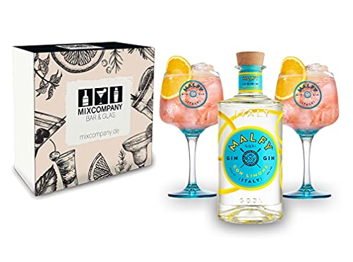 Malfy Gin Giftbox Set - Malfy Gin con Limone (Zitrone) 0,7l - 700ml (41% VOL) + 2 Malfy Gin Ballon Gläser/Glas in Geschenkverpackung - [Enthält Sulfite] von Mixcompany.de Bar & Glas