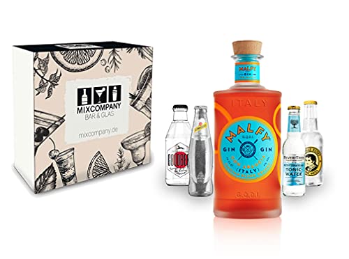 Malfy Gin Tonic Giftbox Set - Malfy Gin con Arancia (Blutorange) 0,7l - 700ml (41% VOL) + 1x Goldberg Yuzu 1x Fever Tree Mediterranean 1x Thomas Henry Tonic 1x Schweppes Dry Tonic- Inkl. Pfa von Mixcompany.de Bar & Glas