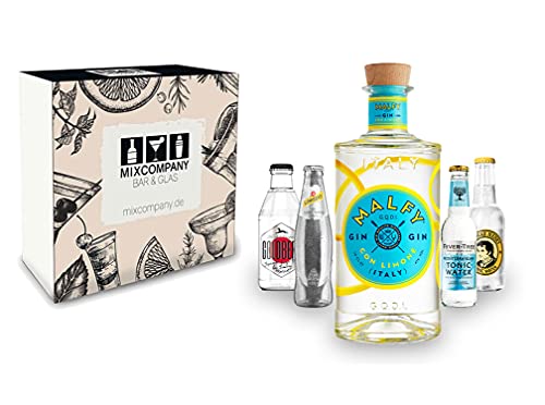 Malfy Gin Tonic Giftbox Set - Malfy Gin con Limone (Zitrone) 0,7l - 700ml (41% VOL) + 1x Goldberg Yuzu 1x Fever Tree Mediterranean 1x Thomas Henry Tonic 1x Schweppes Dry Tonic - Inkl. Pfand von Mixcompany.de Bar & Glas