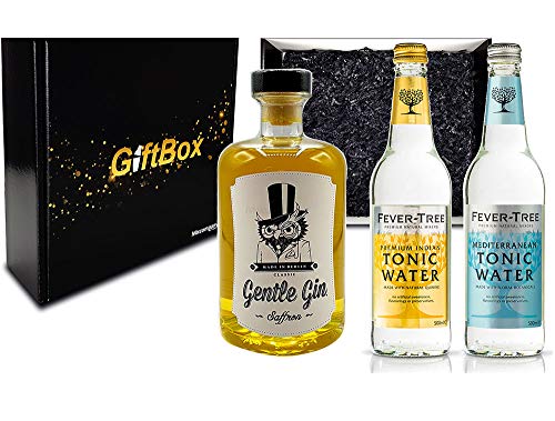 Gin Tonic Geschenkset - Gentle Gin Saffron 0,5l (40% Vol) + 1x Fever-Tree Indian Tonic + 1x Fever-Tree Mediterranean Tonic a 500ml inkl. Pfand MEHRWEG von Mixcompany.de Bar & Glas