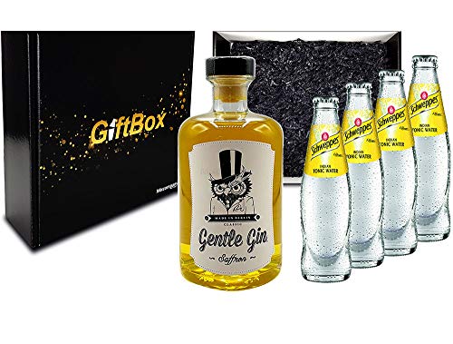 Mixcompany Giftbox - Gin Tonic Set Gin Tonic Set - Gentle Gin Saffron 0,5l (40% Vol) + 4x Schweppes Tonic Water 200ml inkl. Pfand MEHRWEG - in Geschenkverpackung- [Enthält Sulfite] von Mixcompany.de Bar & Glas