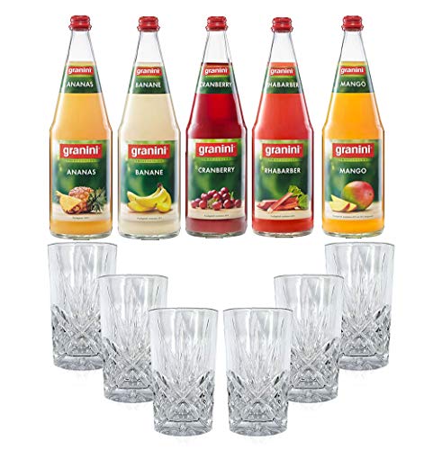 Mixcompany Set - 6x Longdrink Glas Kristall Optik + Granini Alkoholfreies Cocktail Tasting 5er Set - 1x Ananas + 1x Banane + 1x Cranberry + 1x Rhabarber + 1x Mango je 1L inkl. Pfand MEHRWEG von Mixcompany.de Bar & Glas