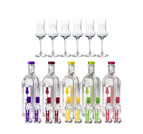 Sutterer 1799 Angebot 5x verschiedene Sorten Obstbrand je 0,5L + 6 Duft Gläser + 10 Miniaturen je 5cl (40% Vol) Gratis - [Enthält Sulfite] von Mixcompany.de Bar & Glas