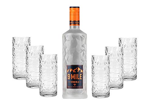 9 Mile Vodka Wodka 0,7l (37,5% Vol) + 6er Set 9 Mile Longdrinkglas/Longdrink Glas/Gläser Set - 6x Longdrinkgläser aus Glas - [Enthält Sulfite] von Mixcompany