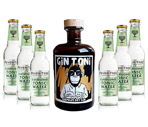 Gin Tonic Set - Gin Toni Premium Dry Gin 0,5l (41% Vol) + 6x Fever-Tree Elderflower Tonic Water 200ml inkl. Pfand MEHRWEG -[Enthält Sulfite] von Mixcompany