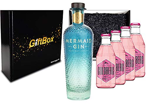 Mixcompany Gin Tonic Giftbox Geschenkset - Mermaid Gin 0,7L 700ml (42% Vol) + 4x Goldberg Indian Hibiscus Tonic 0,2L MEHRWEG Bar Longdrink Cocktail Sammlung Gin Tonic inkl. PFAND- [Enthält Sulfite] von Mixcompany