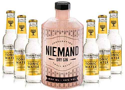 Niemand Handcrafted Dry Gin 0,5l 500ml (46% Vol) + 6x Fever-Tree Premium Indian Tonic Water 0,2l MEHRWEG inkl. Pfand Gin Tonic Bar- [Enthält Sulfite] von Mixcompany