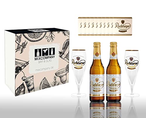 Radeberger Premium Pils Geschenkset 2x Bier 0,33L (4,8% Vol) + 2x Glas 0,2L + 10x Bierdeckel inkl Pfand MEHRWEG- [Enthält Sulfite] von Mixcompany