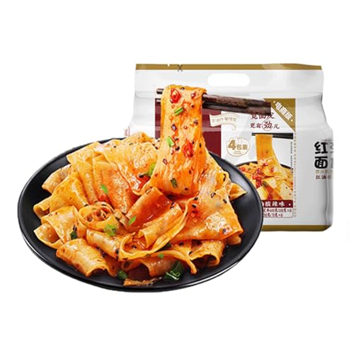 Mkostlich Wide Asia Noodles, Sauer und Scharf Instant Nudeln für 4 Portionen, Chinesische Scharf Nudeln mit Sichuan-Spezialitäten-Chiliöl, Gedämpfter Mian Pi 面皮 400g (100g*4er, Sauer und Scharf) von Mkostlich