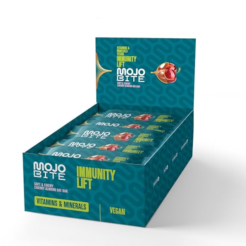 MojoBite Immunity Lift Cherry Almond Oat Bar - 12 x 50g – Weicher Haferriegel mit Kirschen und Mandeln - 40% Vitamine D3, C, E, Zink, Selen - Ballaststoffreich, Vegan, Glutenfrei Müsliriegel-Snack von MojoBite