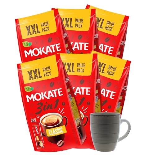 MOKATE 3 in 1 XXL Instantkaffee Classic / 6er Pack (6 x 24 Sticks a 17g) Instant Kaffee Getränkepulver aus löslichem Bohnenkaffee inkl. gratis Kaffeetasse von Mokate