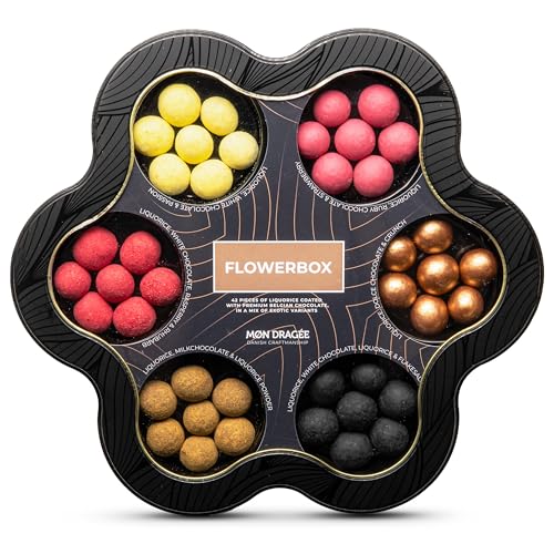 Mon Dragée Flower Box 265g, Luxus-Feinkost-Pralinen, 6 Sorten Dänische Lakritz-Kugeln, Glutenfreie Pralinen-Geschenkbox in Blütenform, Edles Geschenk für Liebhaber besonderer Süßigkeiten von Mon Dragée