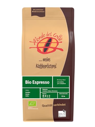 Bio Espresso 70% Arabica / 30% Robusta - ganze Bohne - Mondo del Caffè (350gr., Gewürze, Sahne, Röstnoten) von Mondo del Caffè