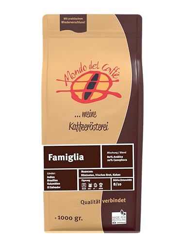 Famiglia Kaffee- und Espressomischung / 80% Arabica / 20% Robusta/Mondo del Caffè/ganze Bohne (1000gr., Röstnoten, frisches Brot, dunkle Schokolade) von Mondo del Caffè