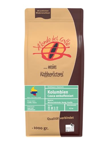 Kolumbien Sugar Cane entkoffeinierter Kaffee/Mondo del Caffè/ganze Bohne (1000gr., Milchschokolade, Honig, Vanille) von Mondo del Caffè