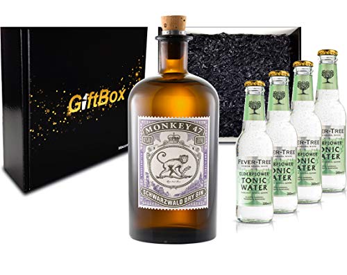 Gin Tonic Giftbox Geschenkset - Monkey 47 Schwarzwald Gin 0,5l (47% Vol) + 4x Fever Tree Elderflower Tonic Water 200ml inkl. Pfand MEHRWEG -[Enthält Sulfite] von Monkey 47-Monkey 47