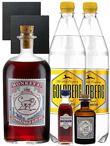 Gin-Set Monkey 47 SLOE GIN Schwarzwald Dry Gin 0,5 Liter + Haymans Sloe Gin 5cl + Monkey 47 Schwarzwald Dry Gin 5cl MINIATUR + 2 x Goldberg Tonic Water 1,0 Liter + 2 Schieferuntersetzer quadratisch 9,5 cm von Monkey 47